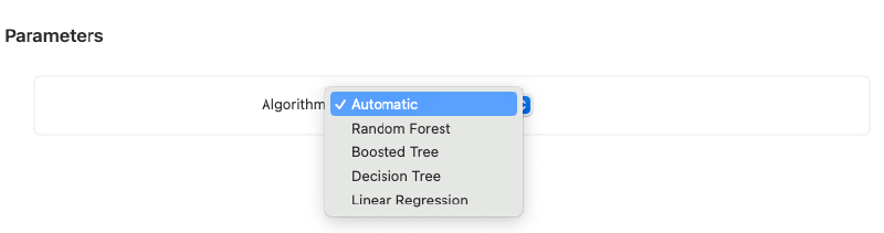 Create ML Algorithm Options